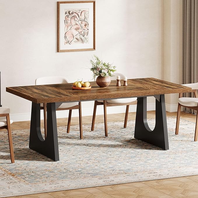 Tribesigns Large Dining Table for 6-8 People, 70.9-Inch Wood Rustic Rectangular Table with Black Wooden Legs, Farmhouse Center Kitchen Table for Dining Room, Living Room, Home Furniture (Dark Brown)
