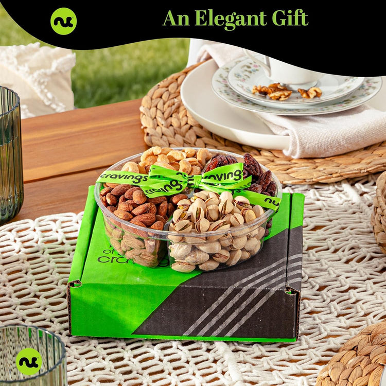 NUT CRAVINGS - Mixed Nuts Gift Basket + Green Ribbon (4 Assortments) Food Arrangement, Healthy Snack Care Package, Food Assortments