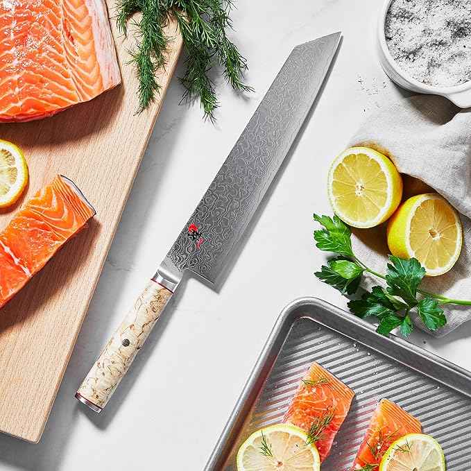 Miyabi Birchwood SG2 Japanese Kiritsuke Knife, 9.5-inch, All Purpose Kitchen Knife, Karelian Birch Handle, 100-layer flower Damascus pattern, Handcrafted in Seki, Japan