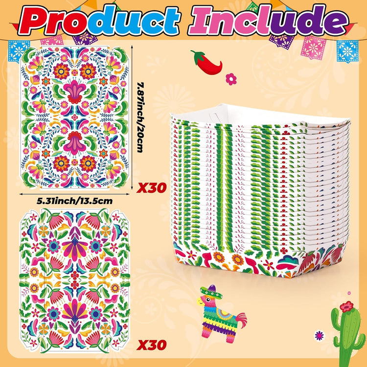 Mexican Taco Nights Food Trays - 60P Hispanic Heritage Month Flowers Unassembled Trays Nacho Snack Candy Holder Disposable Paper Plates Birthday Carnival Party Harvest Picnic Food Containers