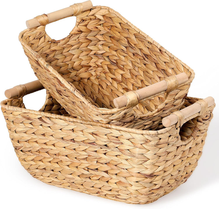 Large Wicker Storage Baskets with Wooden Handles, Woven Water Hyacinth Storage Organizers for Throw Blankets, Bedroom, Living Room, Laundry,2-Pack