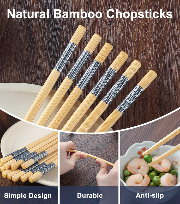 10Pairs Bamboo Chopsticks Reusable | Dishwasher Safe | Non slip | Chinese -(9.45in)