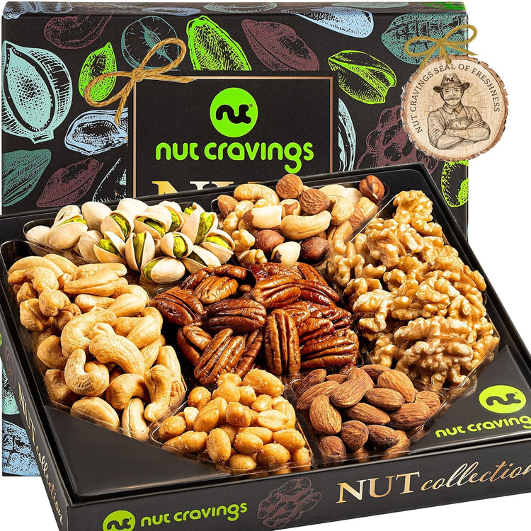 NUT CRAVINGS - Nut Collection Gift Basket in Elegant Box (7 Assortments) Food Arrangement, Healthy Snack Care Package, Food Assortments