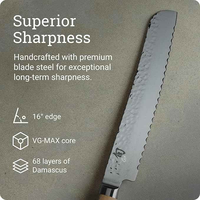 Shun Premier Blonde 9" Bread Knife, Handcrafted Japanese Serrated Knife, VG-MAX Core with Damascus Stainless Steel Cladding, Pakkawood Handle, Slicing Tool for Professional and Home Chefs