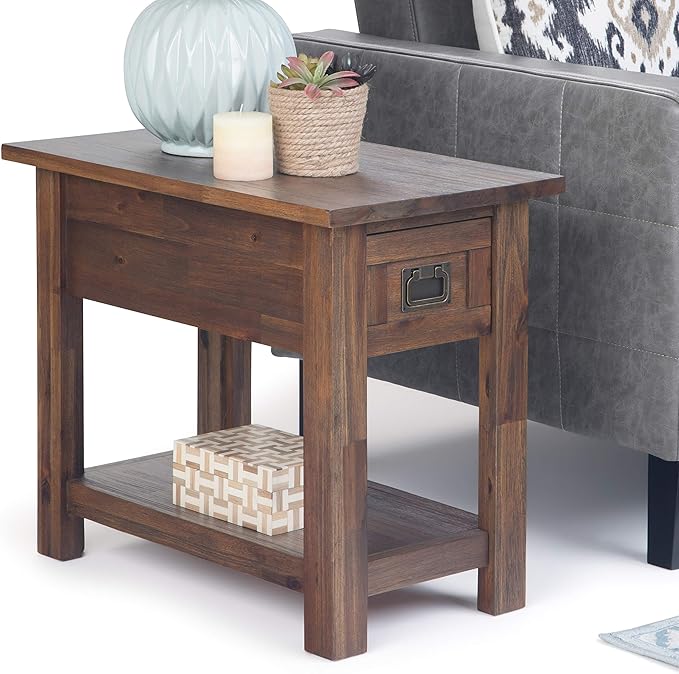 SIMPLIHOME Monroe Narrow Side Table – 14 inch Wide Solid Acacia Wood End Table in Distressed Charcoal Brown, Rustic Accent Table or Side Table for Living Room with Drawer and Shelf
