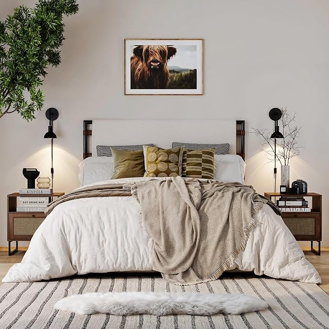 Nathan James Mina Boho Nightstand, Small Nightstand, Rattan End Table with Storage, Walnut Side Table with Rattan Accent, Walnut Brown/Black, Set of 2