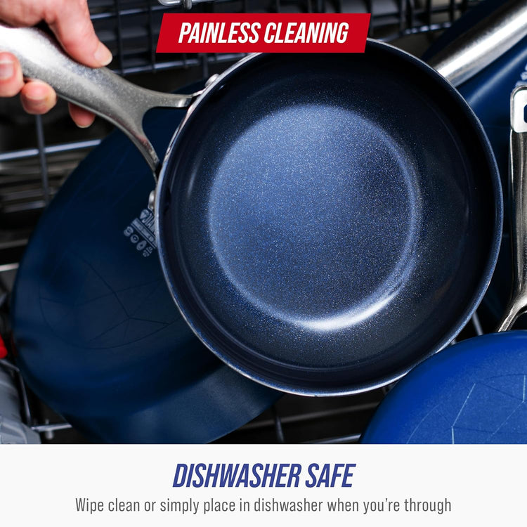 Blue Diamond 8” & 10" Nonstick Frying Pan Skillet Set, Diamond Infused PFAS & PTFE-Free Ceramic Pots & Pans, Dishwasher & Oven Safe, Stay Cool Handles, Non Toxic Metal Utensil Safe, Blue & Grey