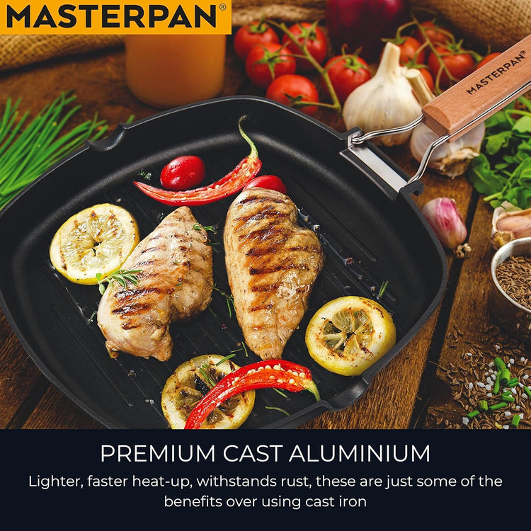 Non-Stick Grill Pan with Folding Wooden Handle, 8", Black and Brown - Nestoria
