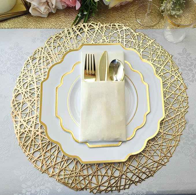 " OCCASIONS " 640 Piece set (80 Guests)-Heavyweight Wedding Party Disposable Plastic Plate Set - 80 x 10.5'' + 80 x 8'' + Silverware + Cups + Napkins (Imperial White & Gold)