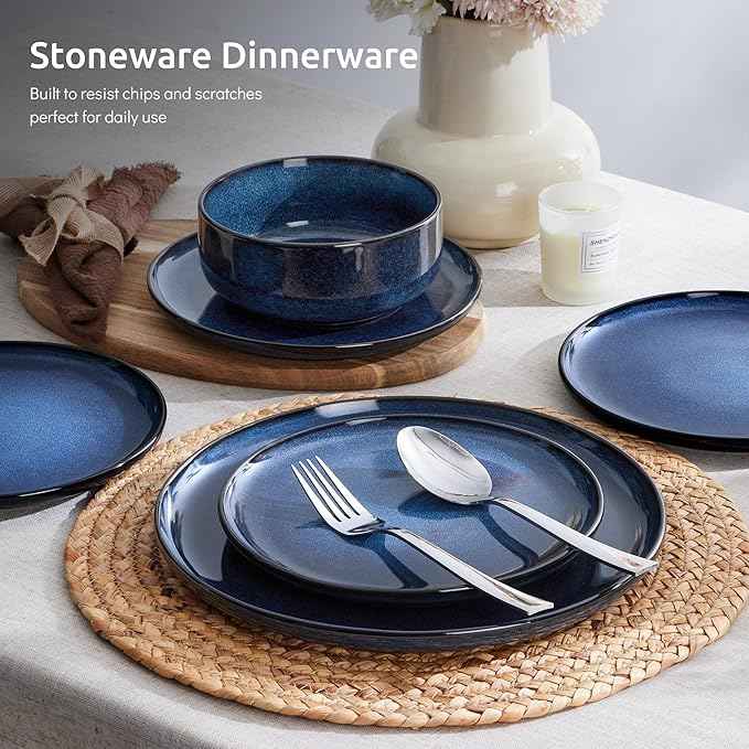 E-far 18-Piece Plates and Bowls Set, Dinnerware Sets for 6, Reactive Glaze Stoneware Dishes Dinning Ware, Microwave & Dishwasher Safe - Deep Sea Blue