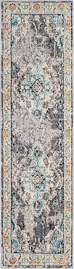 SAFAVIEH Monaco Collection Runner Rug - 2'2" x 16', Grey & Light Blue, Non-Shedding & Easy to Clean, Distressed Medallion Design, Ideal for Hallway, Foyer, Entryway, Kitchen, Bedroom (MNC243G)