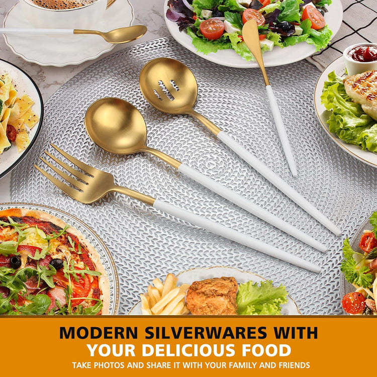 Matte Whitegold Serving Set,Oliviola 5-Piece Stainless Steel Large Hostess Set with Round Edge, Satin Finished, Dishwasher Safe -Large Spoon, Large Fork,Butter Knife,Sugar Spoon & Slotted Spoon