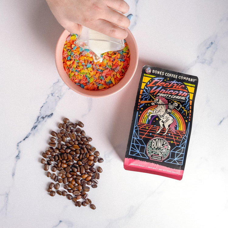Bones Coffee Company Electric Unicorn, Fruity Cereal With Milk Flavored Coffee, Medium Roast Low Acid Arabica Beans Compatible with Auto drip and French Press Coffee Maker, 12 Oz Ground