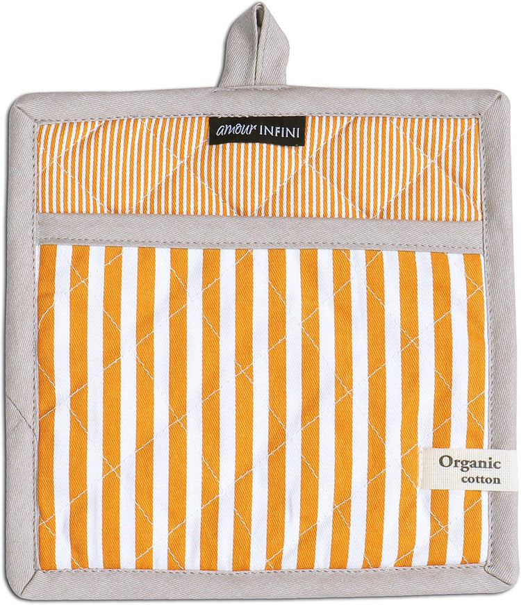 AMOUR INFINI Striped Pot Holders and Oven Mitts Heat Resistant Non Slip Reusable Set of 1 Oven Mitt and 1 Pot Holder Oven Gloves Pot Holder for Cooking (Yelllow)