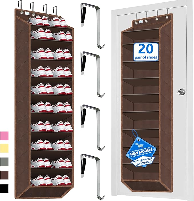Over The Door Shoe Organizer, 70 Pounds Large Capacity, 20-30-Pair shoe organizer, Heavy Duty-Extra Deep Pockets ,Anti-Scratch Hooks & FSC-Certified Bamboo ,Engineered for Men’s Size 13 shoe,coffee