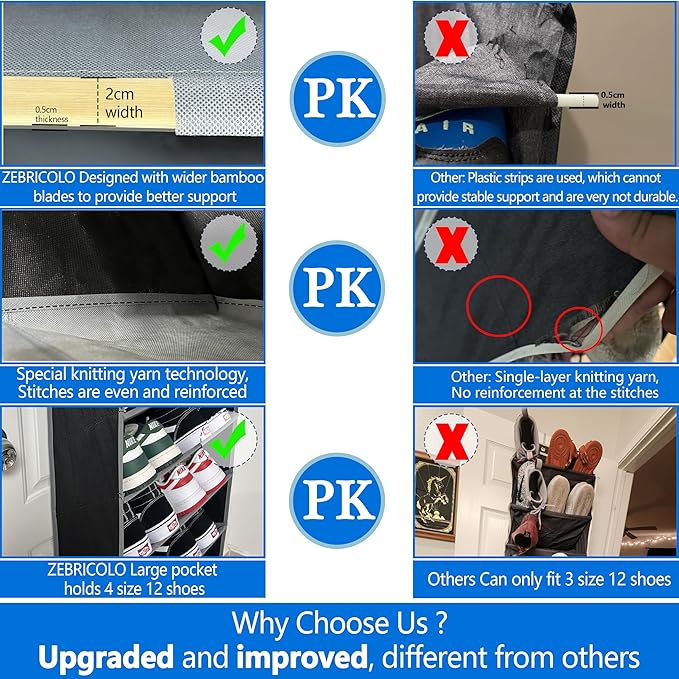 shoe organizer,70 Pounds Large Capacity,20-30-Pair over the door shoe organizer,10 Tiers shoe rack for closet,New upgrade Anti-scratch heavy duty hook and Bamboo material Baffle, Black/Grey