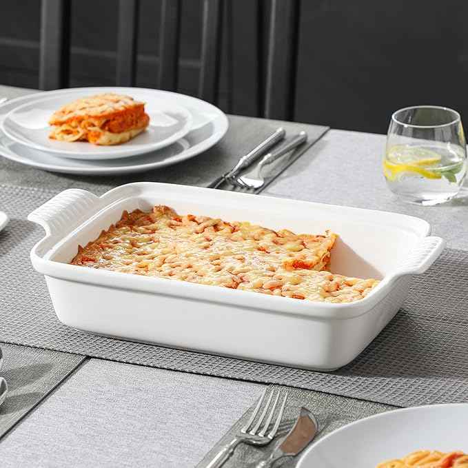 MALACASA 3.4 Quart Baking Dish With Lid, Porcelain Casserole dish with Lid, 13 x 9 Lasagna Pan Deep with Lid, Rectangular Bakeware With Handle, Microwave, Oven Safe, White, Series BAKE