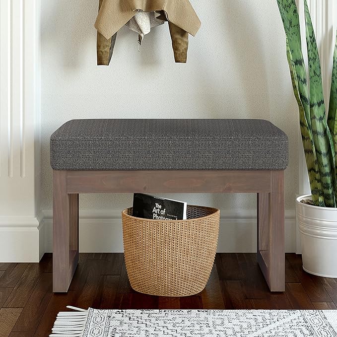 SIMPLIHOME Milltown Small Ottoman Bench - 27 inch Wide Upholstered Tweed Look Fabric Rectangle Footstool Ottoman in Ebony, Contemporary Bench for Bedroom or Entryway with Cushioned Seat, Assembled