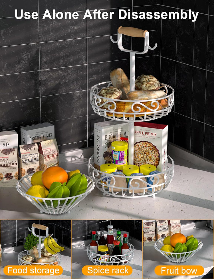 2-Tier ๐
๐ซ๐ฎ๐ข๐ญ ๐๐๐ฌ๐ค๐๐ญ and Fruit Bowl - Fruit and Vegetable Storage with Banana Tree Hanger and Wood Handle, Fruit Basket for Kitchen Counter, for Bread Onions Potatoes Veggies Produce