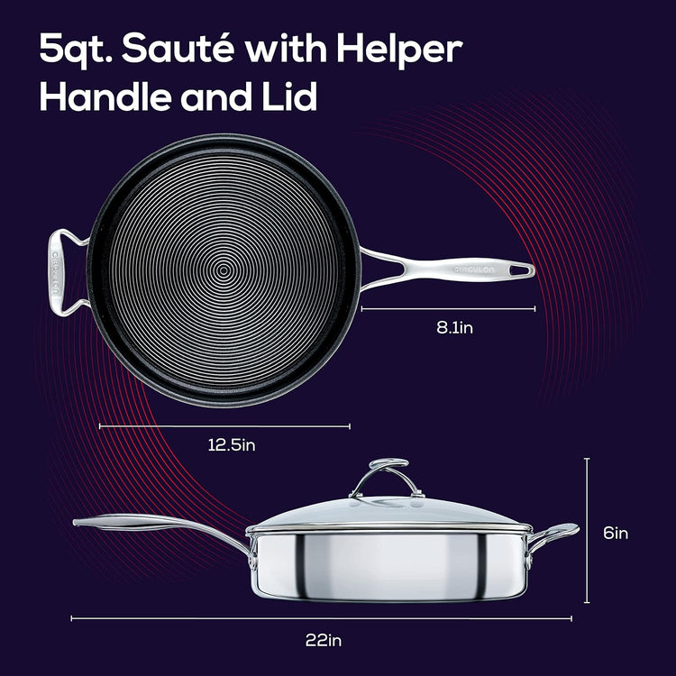 Circulon Clad Stainless Steel Saute Pan with Lid and Hybrid SteelShield and Nonstick Technology, 5 Quart - Silver