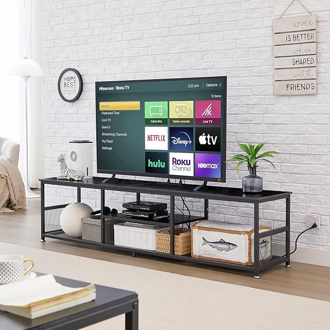 VECELO TV Stand with Power Outlets for Televisions up to 80Inch, 70" Media Entertainment Center with Charging Station 3-Tier Open Storage Shelves with Metal Frame for Living Room/Bedroom,Black