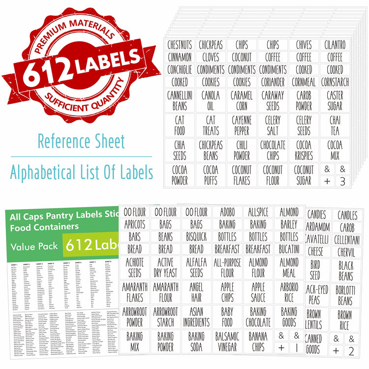 612 All Caps Minimalist Pantry Food Labels (612 Count)