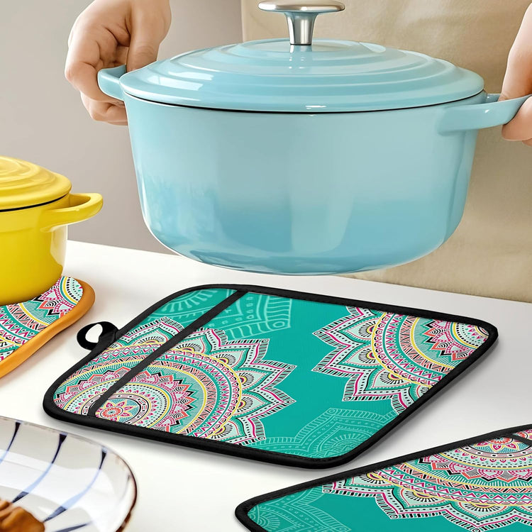 Turquoise Abstract Mandala Floral Pot Holders for Kitchen, Boho Colorful Ethnic Flower Botanical Heat Resistant Hot Pads and Oven Mitts for Baking Cooking,379 potholder
