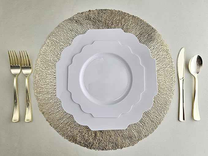 " OCCASIONS " 320 Piece set (40 Guests)-Heavyweight Wedding Party Disposable Plastic Plate Set - 40 x 10.5'' + 40 x 8'' + Silverware + 12oz Cups + Napkins (Imperial in White)
