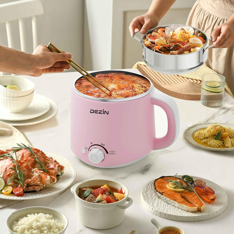 Dezin Electric Pot with Steamer, Hot Pot Electric 1.6L, Stainless Steel Cooker for Ramen, Egg, Dumpling, Soup, Oatmeal with Temperature Control and Keep Warm Function, Pink