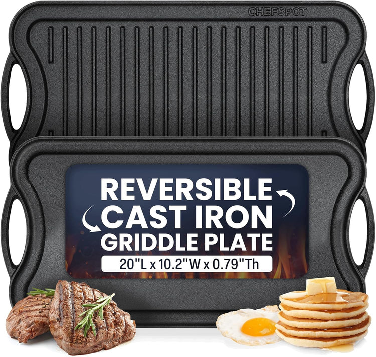 Griddle Pan for Stove Top – 20" Reversible Cast Iron Double Burner Griddle Plate, Multi-Use Preseasoned Pancake Pan with Handles - Works on most Stovetops, Grills, and Fire - Nestoria