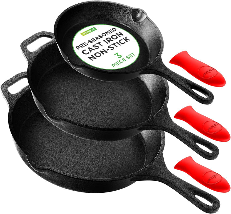 NutriChef 3pc Cast Iron Skillet Set - Nonstick Pans with Drip Spout, Silicone Handles, For All Cooktops - Nestoria