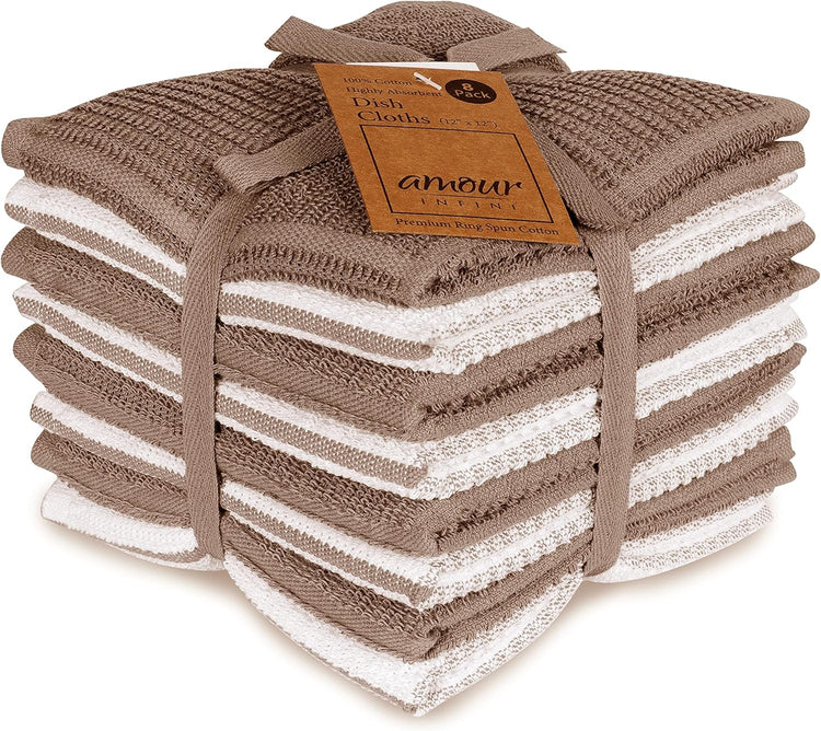 AMOUR INFINI Dish Cloths for Washing Dishes Set of 8 - Highly Absorbent, Super Soft Kitchen Dishcloths - Reusable Quick Dry Dish Rags for Cleaning & Drying Kitchen Linens (12x12 Inch - Brown) - Nestoria