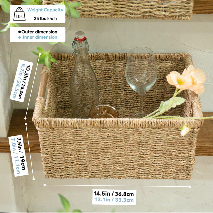Large Wicker Basket Rectangular with Wooden Handles for Shelves (3 Count)