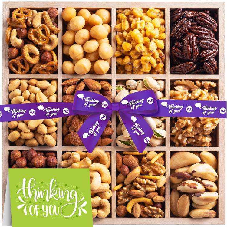 NUT CRAVINGS Gourmet Collection - Thinking of You, Nuts Gift Basket with Thinking of You Ribbon + Greeting Card in Reusable Wooden Tray (12 Assortments) Food Arrangement, Healthy Snack, Food Assortments