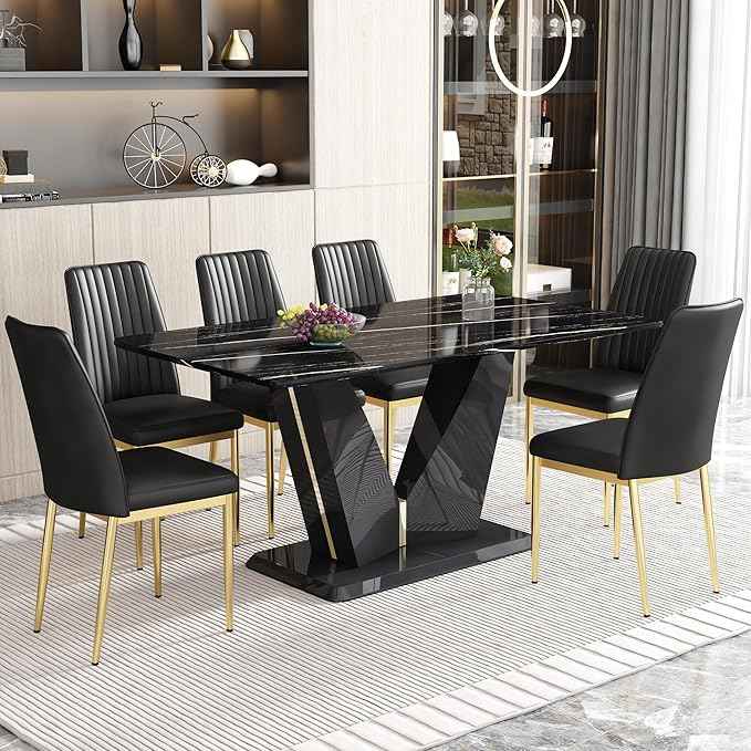 Black Dining Chairs Set of 8 Modern PU Leather Kitchen Chairs with Metal Legs Armless Upholstered Chair for Dinner Room, Office, Waiting Room(Set of 8, Black Golden Chair)