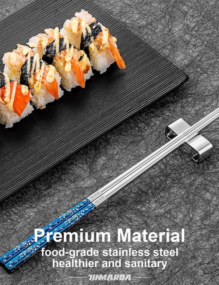 Metal Chopsticks Reusable, 3 Pairs Non-Slip Chop Sticks Reusable Dishwasher Safe, Titanium Plated Stainless Steel Chopsticks Present Set (Blue Silver)