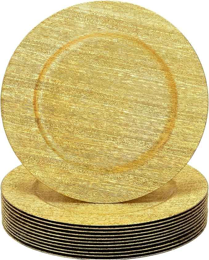 Tanlade 30 Pcs Charger Plates Bulk 13 Inch Plastic Texture Strip Wedding Chargers Floral Decorative Plates with Metallic Ruffled Rim for Wedding Party, Holiday Event Supplies(Gold)