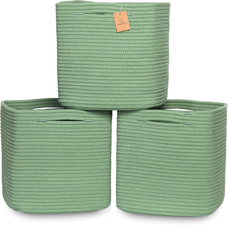 NaturalCozy 13 Inch Cube Storage Bins Cotton Rope Woven Baskets for Organizing 3-Pack | 13 x 13 Storage Cubes | Fabric Square Storage Baskets for Shelves Organizer, Kids Toy Bins, Closet Baby Nursery