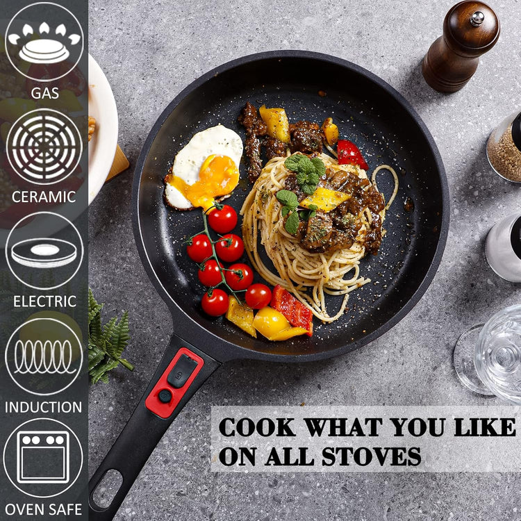DIIG Nonstick Frying Pan Skillet with Silicone Lid, 11.5 Inch Oven Safe Chef Pan for Cooking Saute Omelet Sauce Pan Cast Aluminum Red Cookware with Detachable Handle, Induction All Stoves Compatible