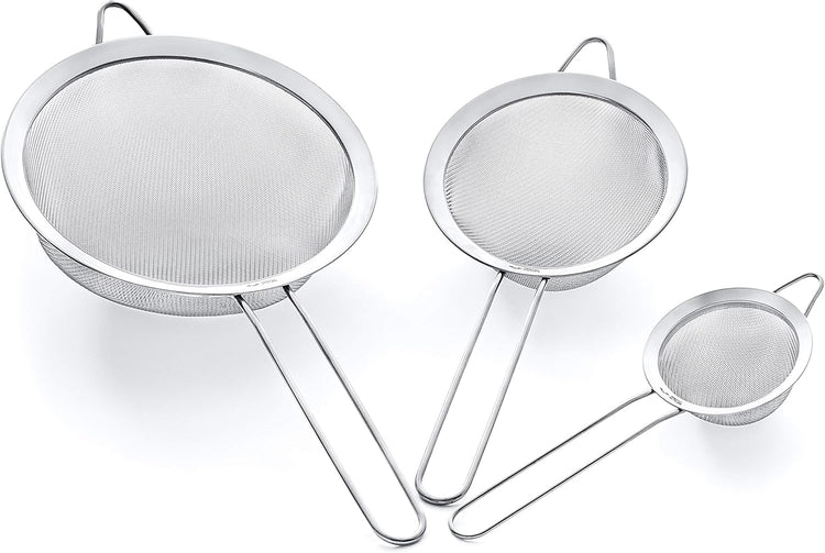 Strainer Set Fine Mesh – Premium 304 Stainless Steel (18/8) – 8″, 5.5″ and 3.3″ Sturdy Kitchen Strainers (Silver)