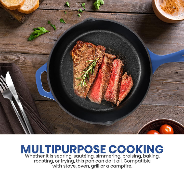 Utopia Kitchen Saute Frying Pan 12 Inch, Cast Iron Chefs Pan, Pre Seasoned Cast iron Skillet With Lid, Safe Grill Cookware for Indoor & Outdoor Use, Blue - Nestoria