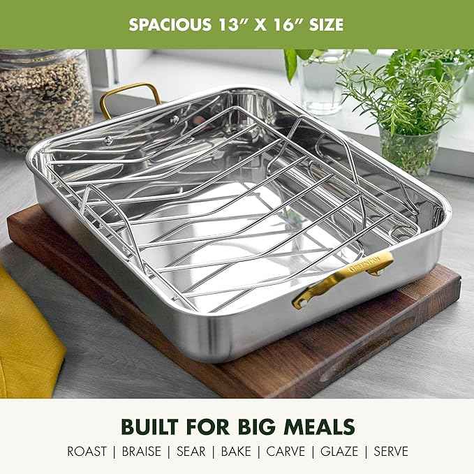 GreenPan Reserve 16" x 13" Tri-Ply Stainless Steel Roasting Pan with Roaster Rack, Multiclad Cookware, Induction Suitable, Gold Stainless Steel Handles, Dishwasher & Oven Safe, Silver