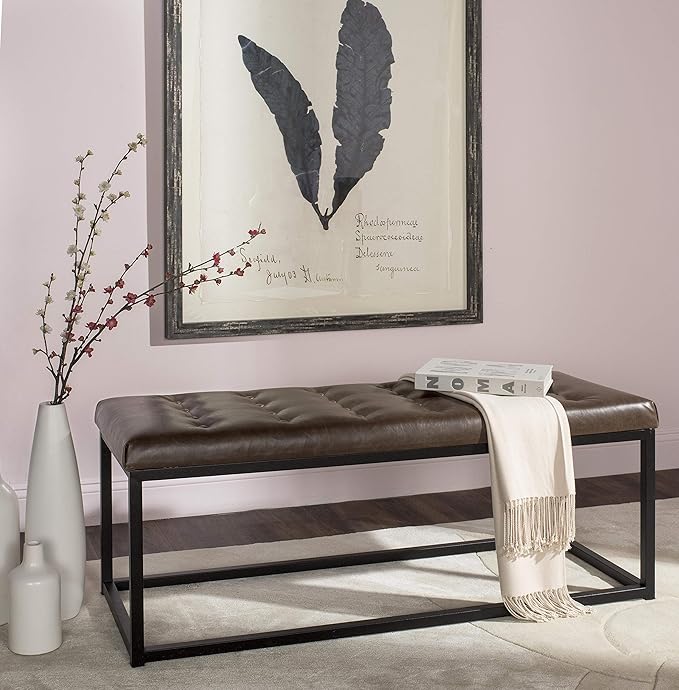 SAFAVIEH Home Collection – Reynolds Brown Tufted Upholstered Accent Bench, Modern Parsons-Style Open Frame Bench for Bedroom, Entryway or Living Room, Black Legs (FOX6225C)