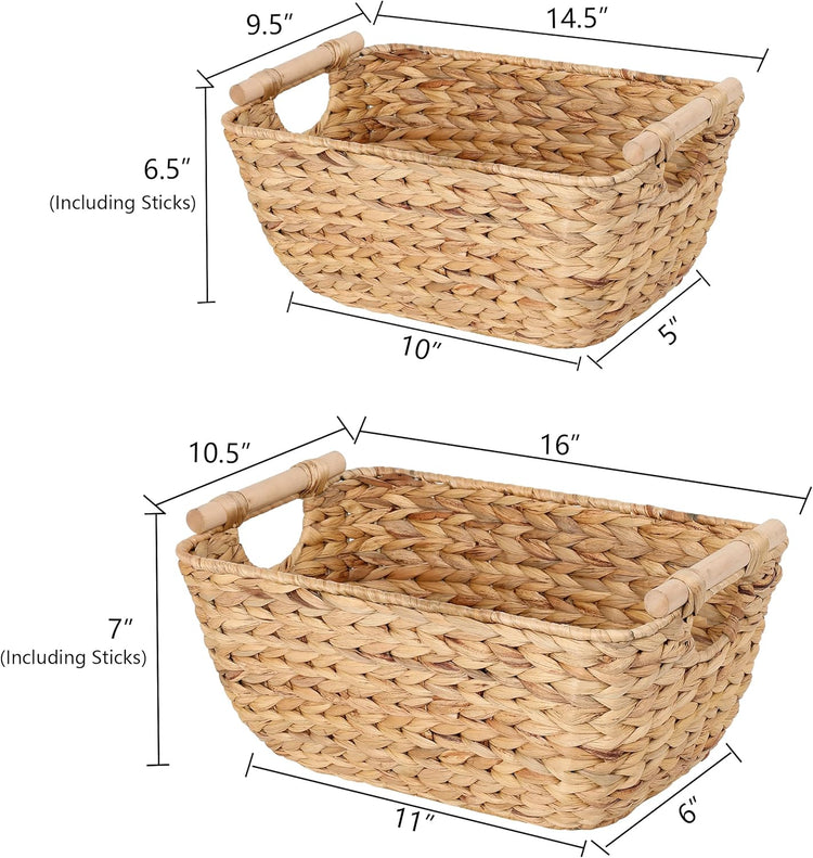Large Wicker Storage Baskets with Wooden Handles, Woven Water Hyacinth Storage Organizers for Throw Blankets, Bedroom, Living Room, Laundry,2-Pack