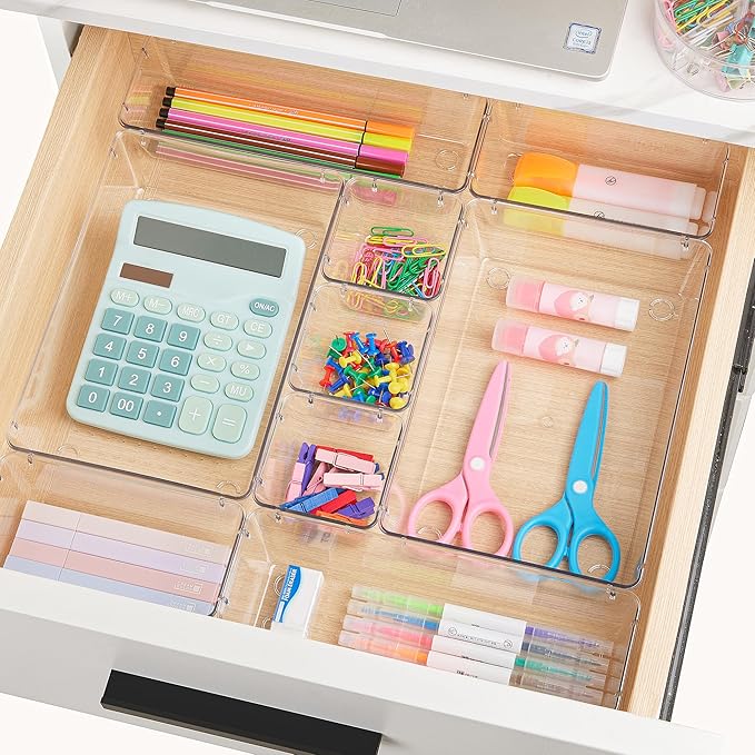 Vtopmart 72 PCS Clear Plastic Drawer Organizers Set, 4-Size Versatile Bathroom and Vanity Organizer Trays, Non-Slip Storage Containers for Makeup, Jewelries, Bedroom,Kitchen Utensils and Office