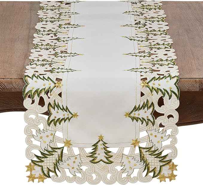 Fennco Styles Pandoro Collection Holiday Embroidered Christmas Tree Cutwork Border 16 x 90 Inch Table Runner – Ivory Table Cover for Christmas Dinner, Family Gathering, Special Events