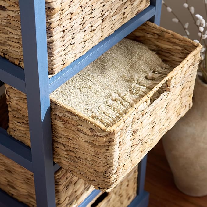 SAFAVIEH Home Collection – Vedette Blue 5-Basket Storage Tower, Natural Rattan Accent Design, Fully Assembled (AMH5739H)