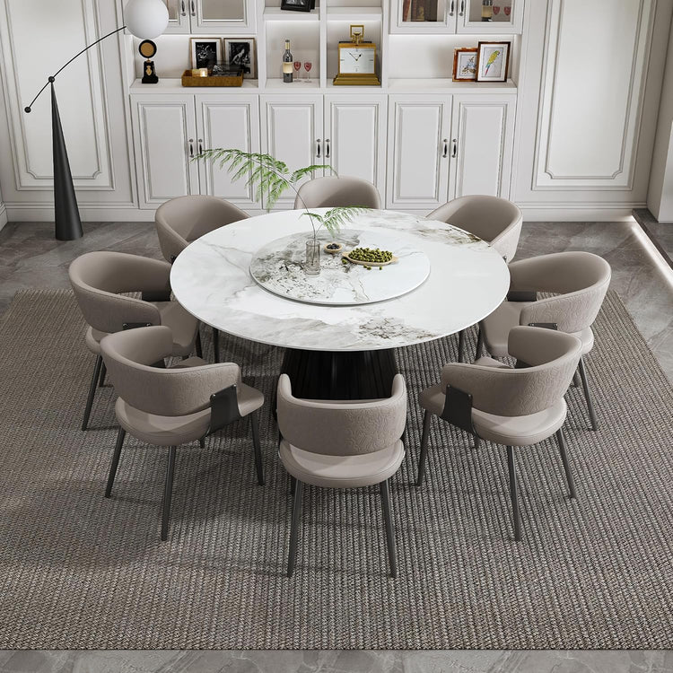 Montary 9 Piece Dining Table Chairs Set, Modern Dining Table Set of 8, Includes 59" D Marble Round Table with Black Metal Cone Base, 8 Gray Texture Dining Chairs for Home, Kitchen