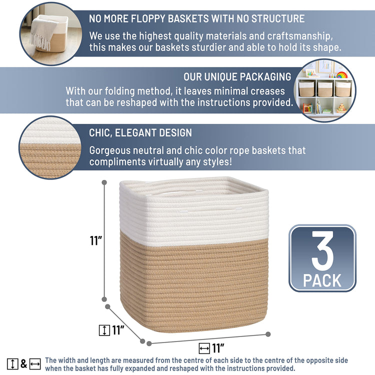Storage Cubes 11 Inch Cotton Rope Woven Baskets for Organizing (3 Count)