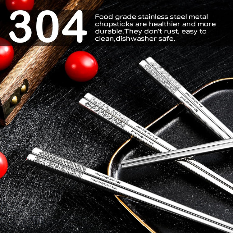 8 Pairs Metal Chopsticks Reusable 18/8 Stainless Steel Chopsticks Set Cute Laser Engraved Non-slip Japanese Korean Chinese Chopstick for Cooking Eating Dishwasher Safe 9.25" Chop Sticks Gift Set